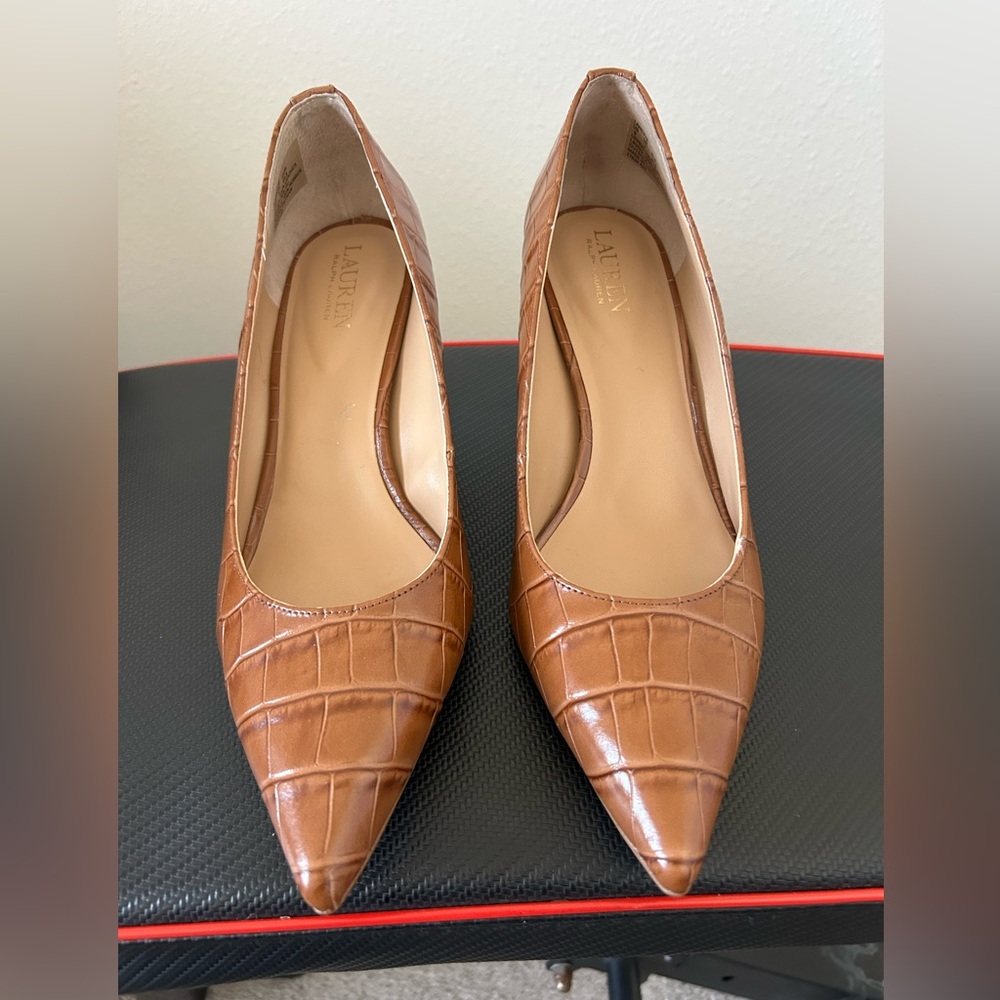 Ralph Lauren Tan Croc-Embossed Pointed Toe Pumps